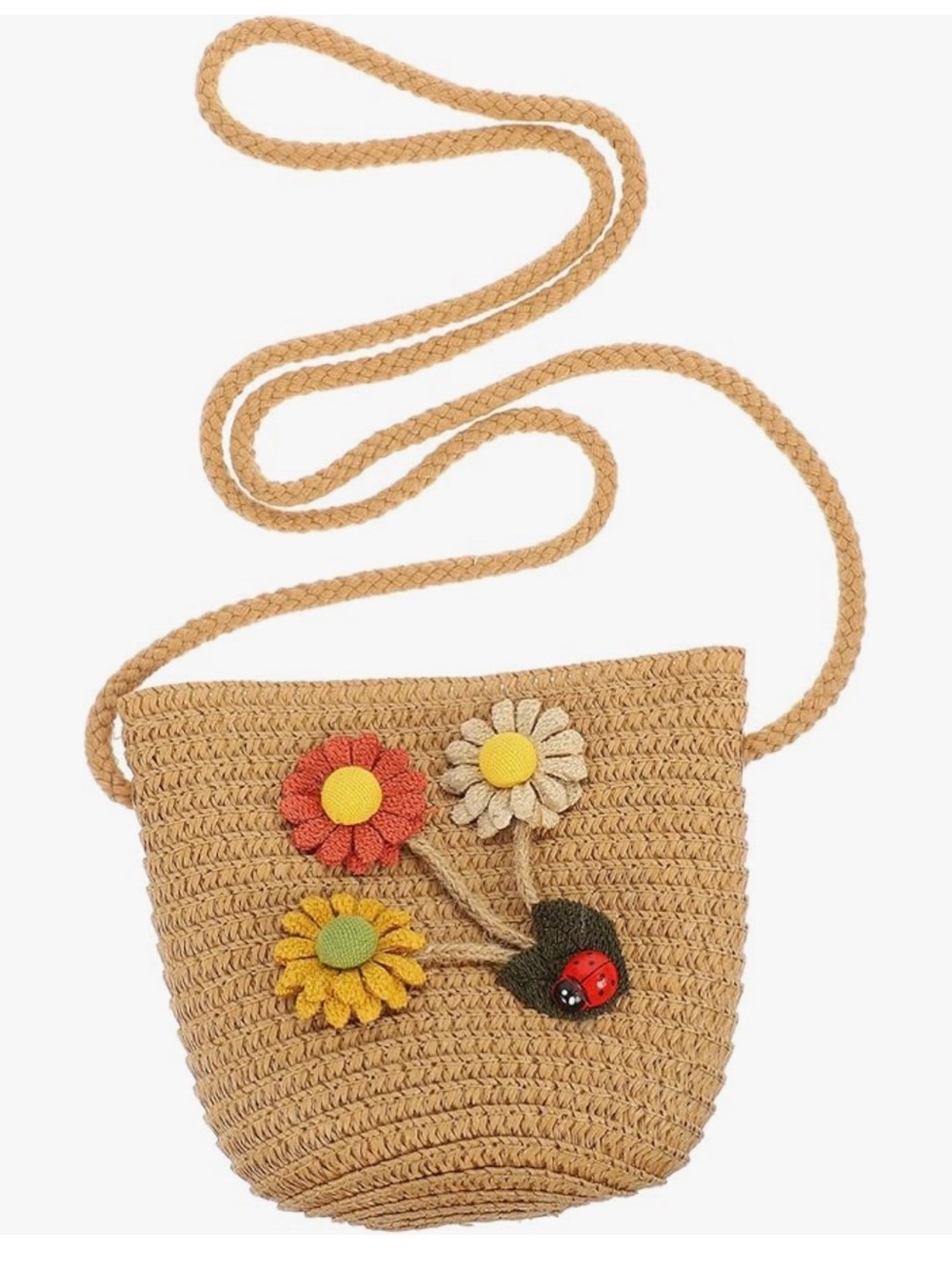 Kids Straw Crossbody Bag with Flower Appliqués - Tan